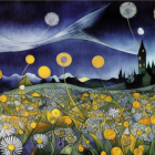 Starry Night Scene with Dandelion Trees, Castle Hill, and Cosmic Sky