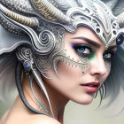 Fantasy portrait of woman with ram's horns and metallic headdress