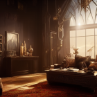 Luxurious Gothic-themed room with sunset view, elegant furniture, ornate decor, and magical sparks.