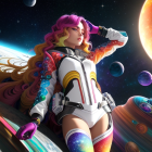 Vibrant digital artwork: Woman in futuristic space suit with cosmic backdrop