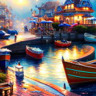 Colorful boats and glowing lights in waterfront village scene