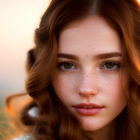 Vibrant red hair and green eyes portrait with white flowers on soft-focus background