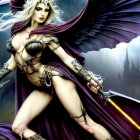 White-haired female warrior with wings and sword in mystical forest and castle.