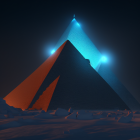 Futuristic pyramid glowing blue in snowy desert night sky