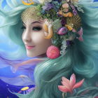 Ethereal digital artwork: Woman with turquoise hair, flowers, leaves, and fish