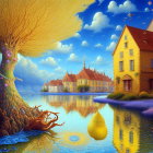 Coastal village illustration with traditional cottages, boats, bay, and autumn tree