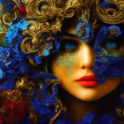 Colorful digital artwork of woman with floral headdress and blue mask