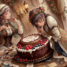 Children in vintage attire marvel at ornate cake with berries and flowers