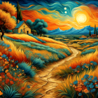 Colorful rural autumn landscape at sunset with houses, trees, and glowing horizon