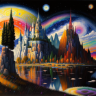 Fantastical landscape with castle on colorful cliffs, large moon, reflective water & lush flora