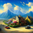 Colorful village painting with horse carriages, starry sky, and snowy mountains.