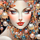 Vibrant makeup woman with floating pearls in surreal portrait