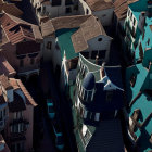 European alley with terracotta roofs and bougainvillea under clear sky