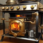 Vintage Kitchen Stove with Brass Details and Visible Fire in Cozy Interior