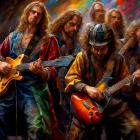 Colorful Renaissance-style male musicians playing electric guitars in a vivid painting