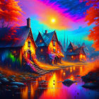 Colorful digital artwork: Mystical village with autumnal trees, glowing houses, moonlit sky,