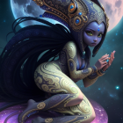 Ethereal female figure with gold and blue body art under lunar sky