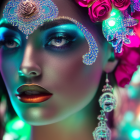 Colorful Makeup and Floral Headpiece with Jewels in Soft Bokeh Lights