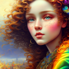 Colorful illustration of young woman with curly hair in front of golden temple