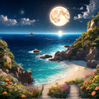 Full Moon Beach Scene with Stairs and Cliffs at Night