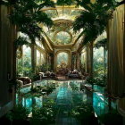 Luxurious Indoor Garden with Greenery, Columns, and Reflective Pool