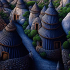 Whimsical fantasy village with cobblestone paths and round houses