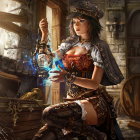 Fantasy Artwork: Female Elf Witch with Lantern in Enchanting Workshop