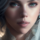 Close-up digital artwork of woman with piercing blue eyes and lace veil