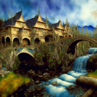 Elaborate fantasy landscape with golden-roofed palace and colorful vegetation