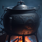 Intricately detailed cauldron over open fire with steam on dark blue background