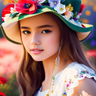 Young girl in floral dress and decorated hat in colorful flower field at dusk