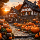 Charming village street at sunset with pumpkins and autumn decor