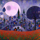 Colorful landscape painting with pink moon, swirling patterns, tower-like structure, trees, and floral motifs