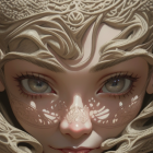 Detailed close-up of fantasy character with leaf-like skin patterns, green eyes, pointed ears, and nose