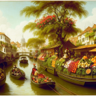 Colorful marketplace with fruit-laden boats, lush greenery, and exotic architecture.