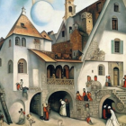 Colorful Medieval Village Painting with Stylized Buildings and Townsfolk