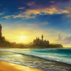 Majestic castle on cliff overlooking golden beach at sunset