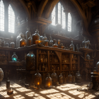 Sunlight-filled alchemical laboratory with bottles and flasks