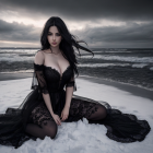 Woman in Black Dress Sitting on Beach with Dark Clouds and Waves