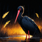 Majestic saddle-billed stork in golden grasses at dusk