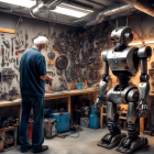 Elderly man at cluttered workbench with large humanoid robot.