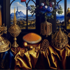 Luxurious still life with golden vessels, globe, caged bird, and lush fabrics against landscape.