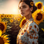 Woman in Glittering Dress Among Sunflowers at Sunset