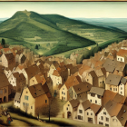 Colorful medieval village painting with rolling hills and villagers.