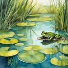 Green frog on lily pad in tranquil pond with reeds