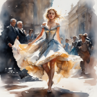 Blonde woman in flowing dress walking on sunlit street