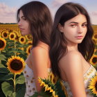 Two women with floral crowns in sunflower field convey serene atmosphere