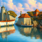 Scenic village with stone houses and castle by calm waterway