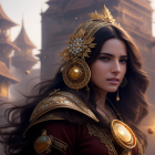 Digital art portrait of woman in ornate golden armor with blue eyes