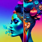 Colorful digital artwork: Woman's profile split in two with flowers and butterfly on one side, against